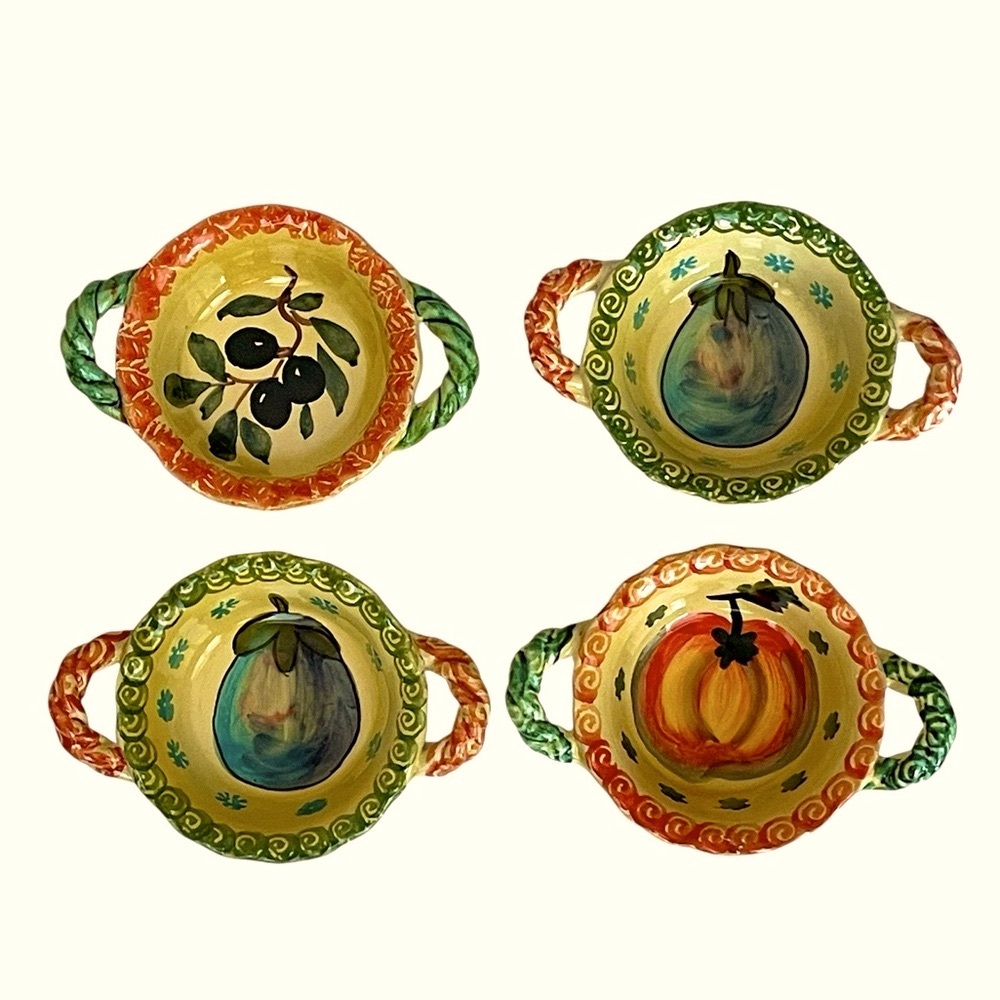 Set/4 ITALIAN Artisan Hand Painted Glazed Clay Small Condiment Dishes